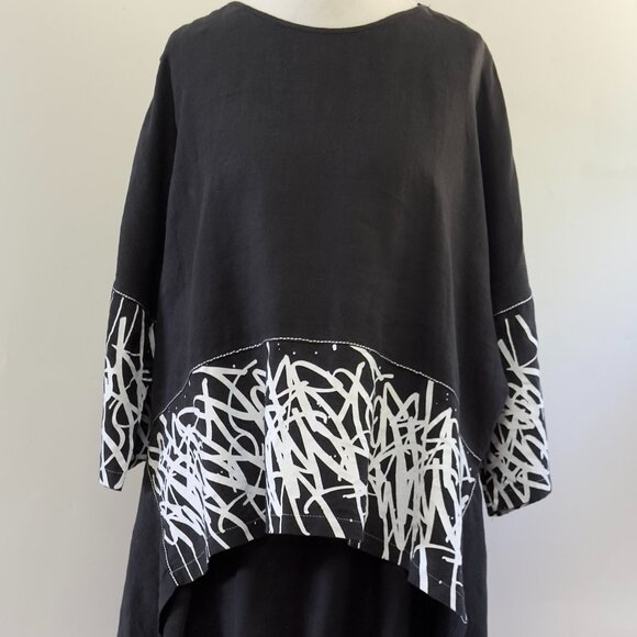 Black Linen Top and Harem Pants Set with White Print & Embroidery New XL or sz 3 - Picture 4 of 16